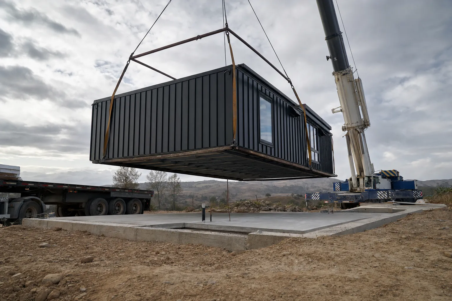 Grua a colocar um módulo habitacional sobre fundações de betão