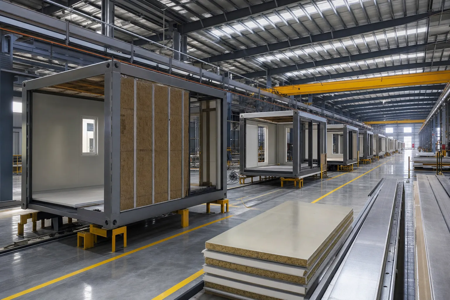 Módulos habitacionais em produção numa nave industrial com estrutura de aço visível