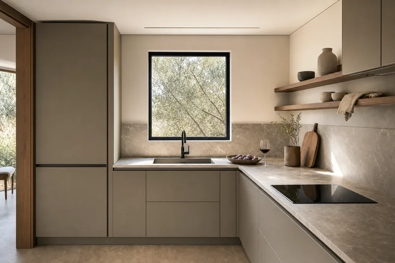 Cozinha em L de casa expansível com frentes mate e bancada em mármore