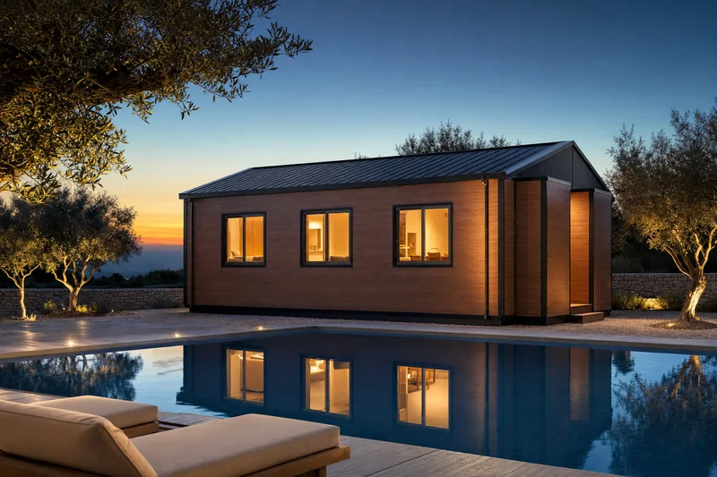 Casa expansível de 56 m² ao anoitecer, vista sobre piscina, com janelas iluminadas na fachada longa