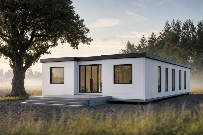 Casa expansível de 72 m² com cobertura plana branca ao nascer do sol, num prado com nevoeiro
